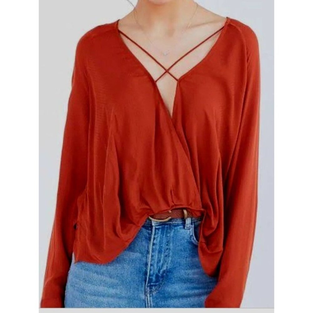 Urban‎ Outfitters Mayfair Plunge Surplice Top Low Cut Strappy Rust Orange Sz M